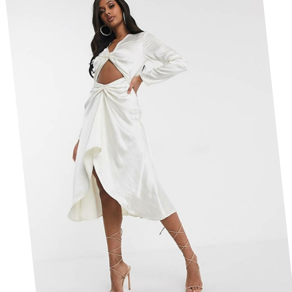 Unique 21 cut out front midi dresse ffect satin in color off white